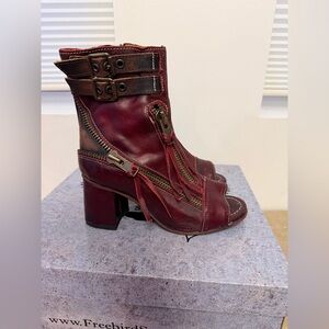 Freebird Zombie Wine Red Leather Heeled Open Toe Booties